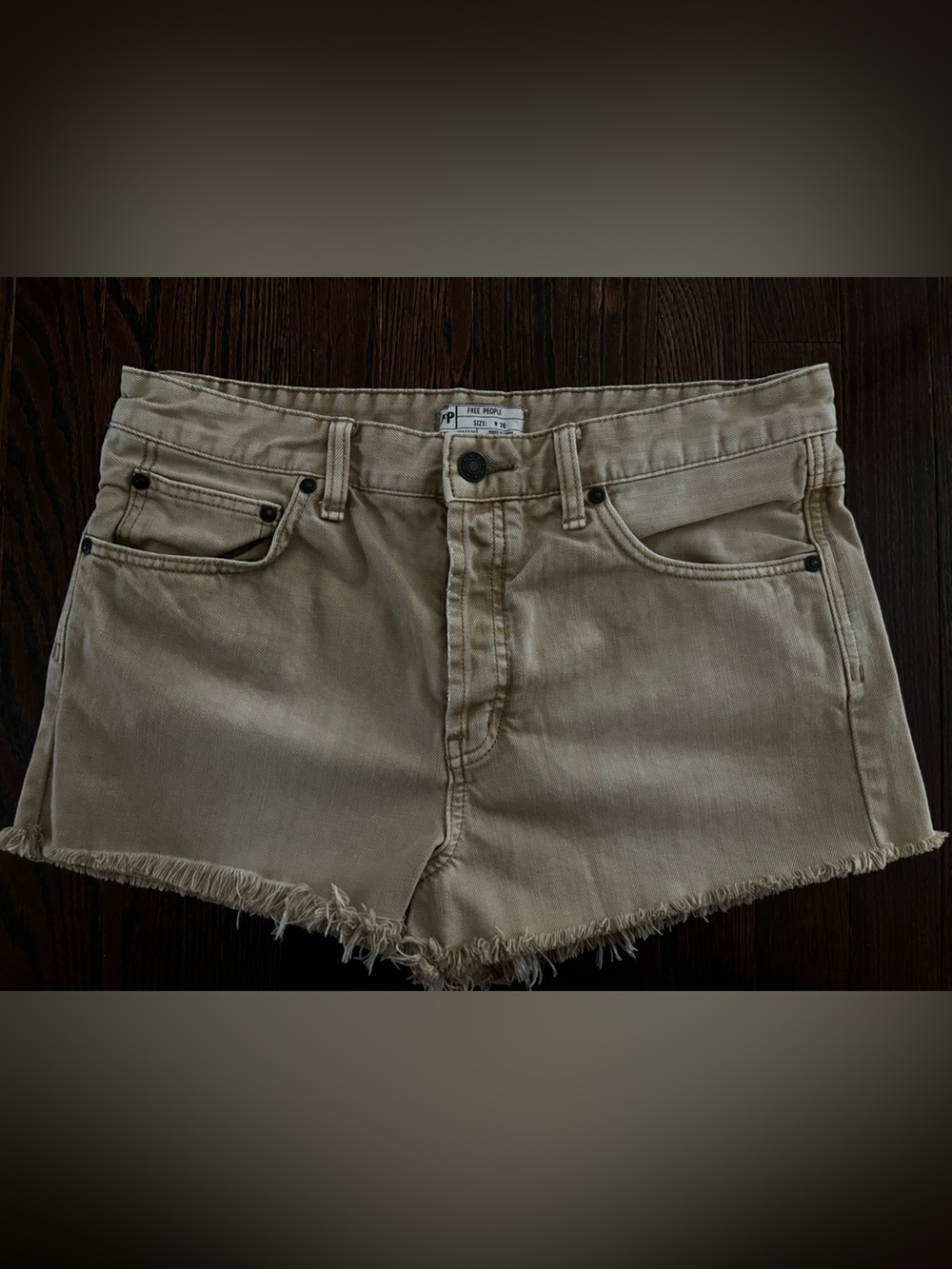 Free People Light Beige Frayed Hem Denim Shorts
